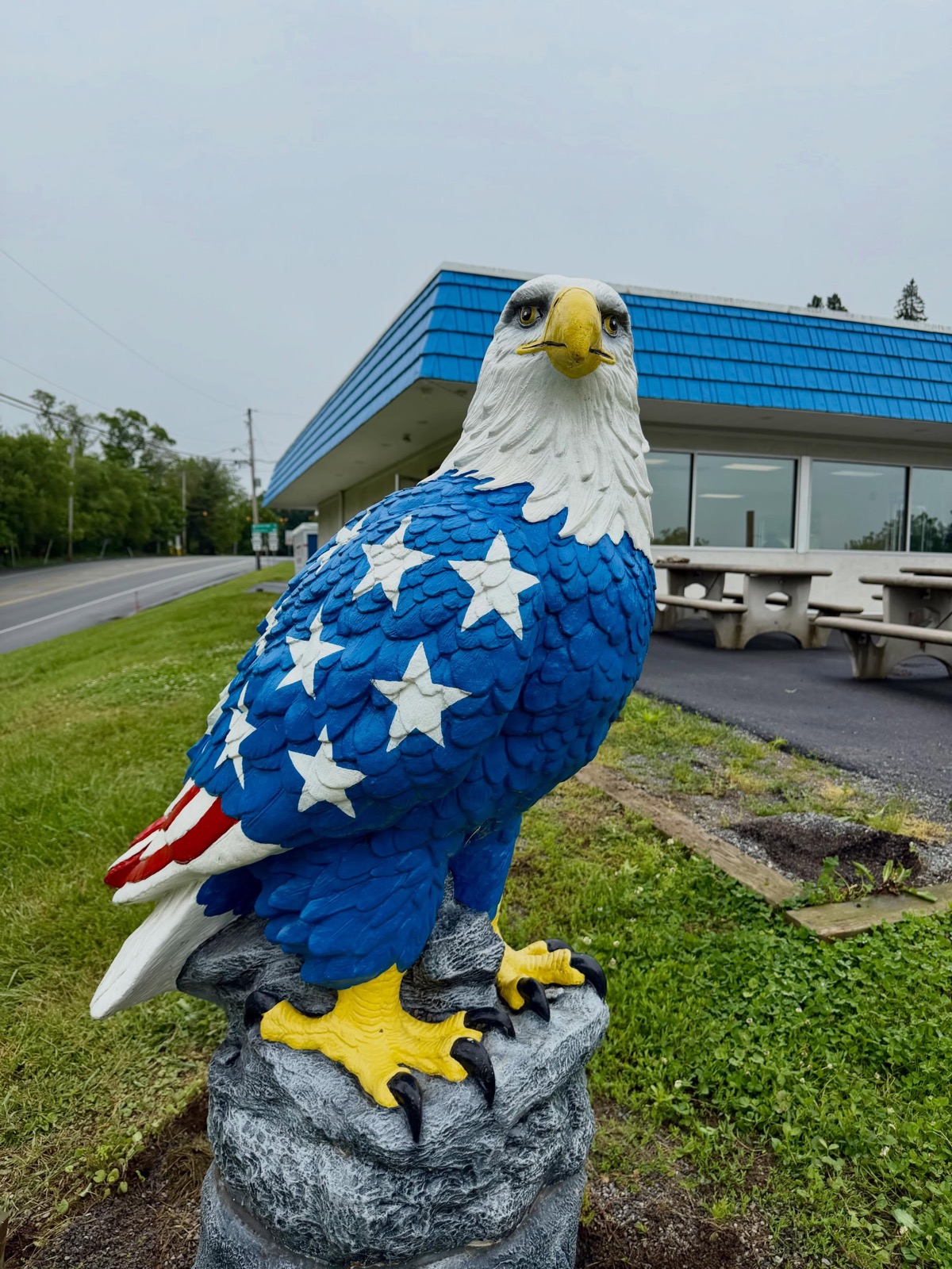 A patriotic painted eagle statue outside the former TG Countryside, with the creamery building behind it