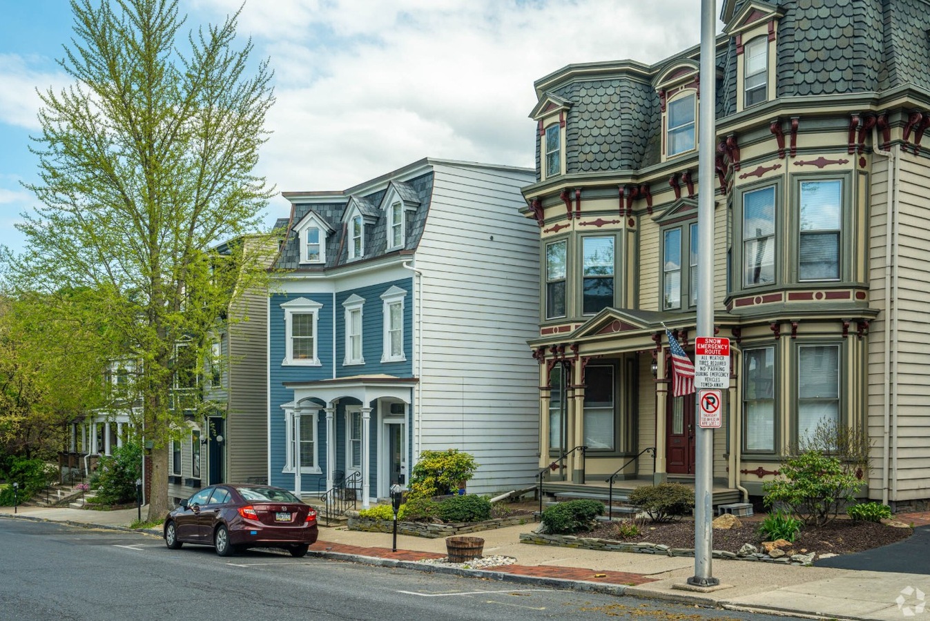 Victorian rowhomes on a residential street in Easton, Pennsylvania