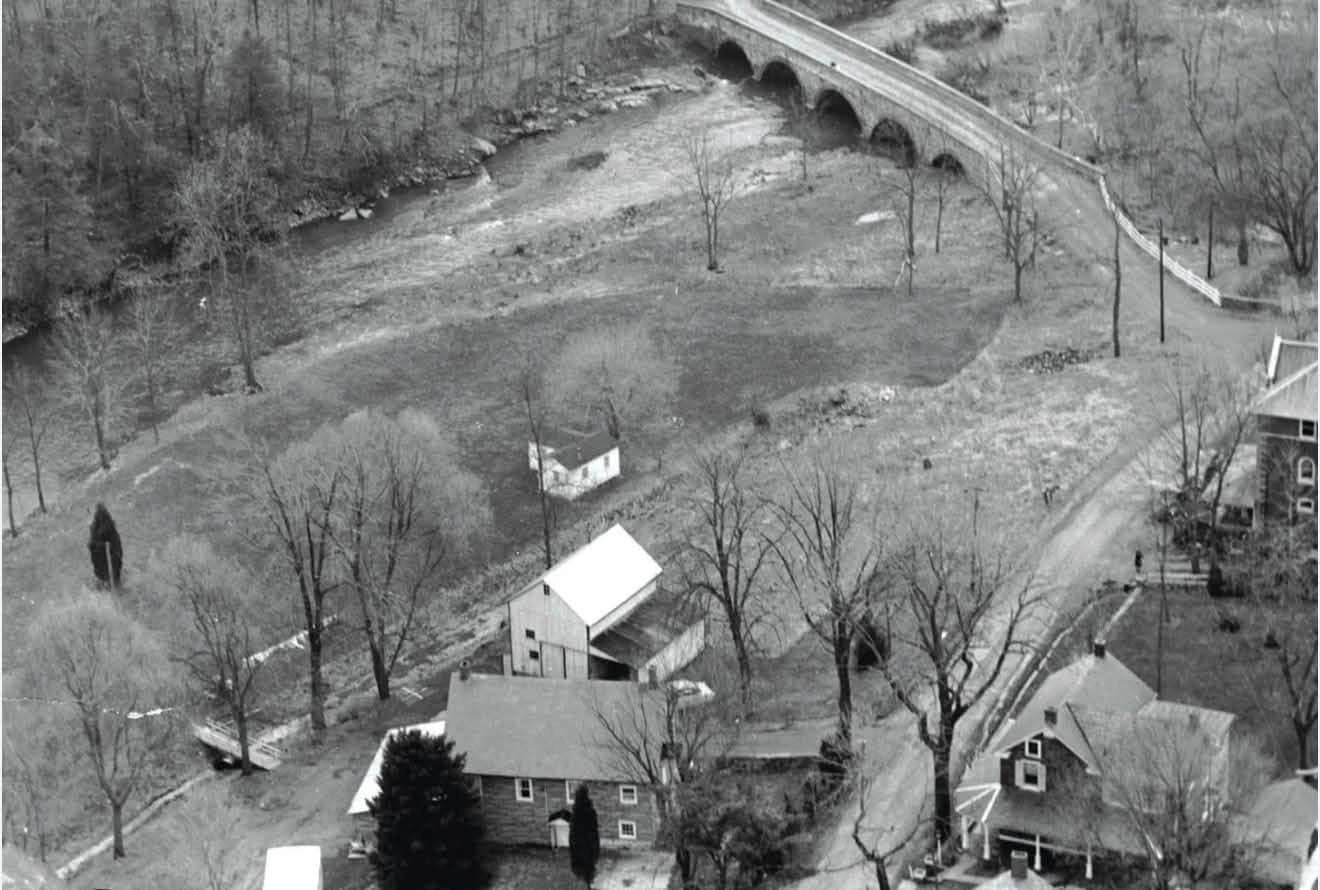 Aerial photograph of Tohickon village showing the five-arched stone bridge over Tohickon Creek