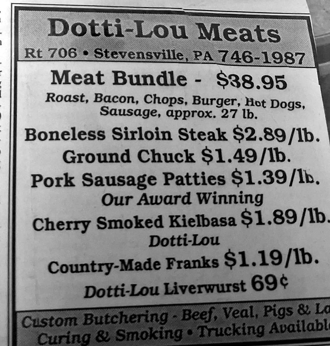A newspaper advertisement for Dotti-Lou Meats listing cuts and prices.
