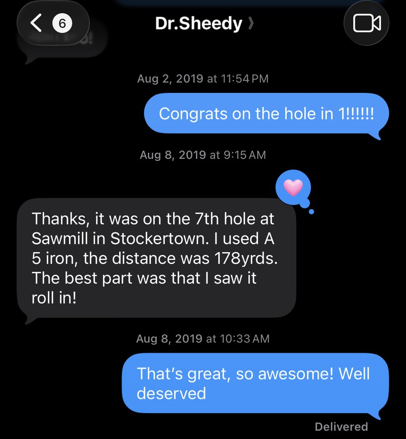A text message in which Eugene Sheedy describes his hole-in-one at Saw Mill Golf Course