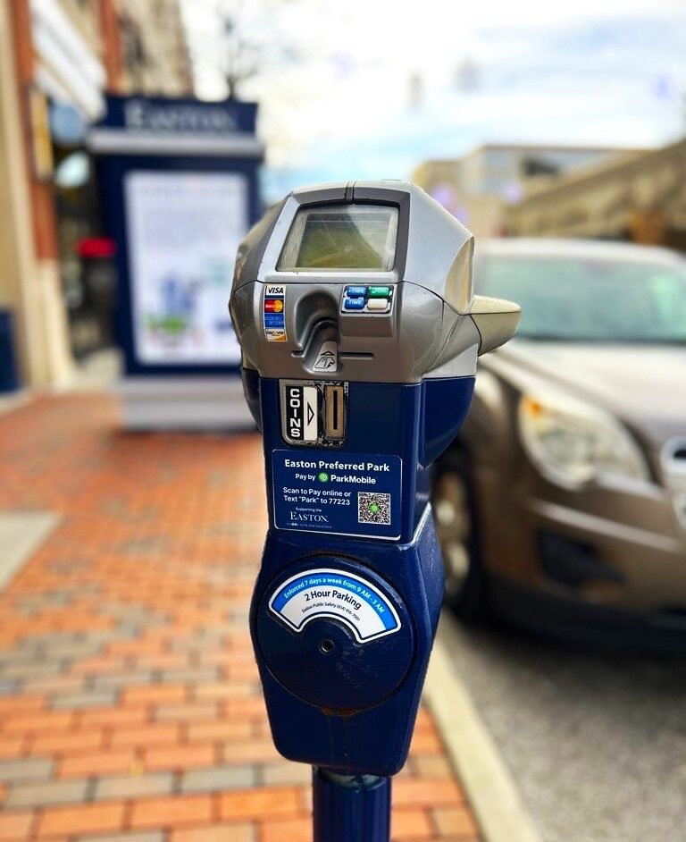 An Easton parking meter branded Easton Preferred Park with a ParkMobile code