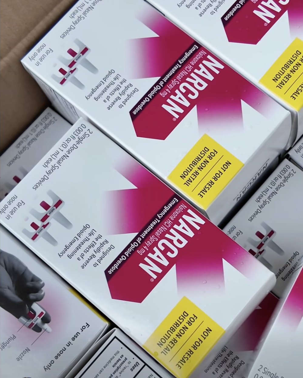 Boxes of Narcan nasal spray marked not for resale