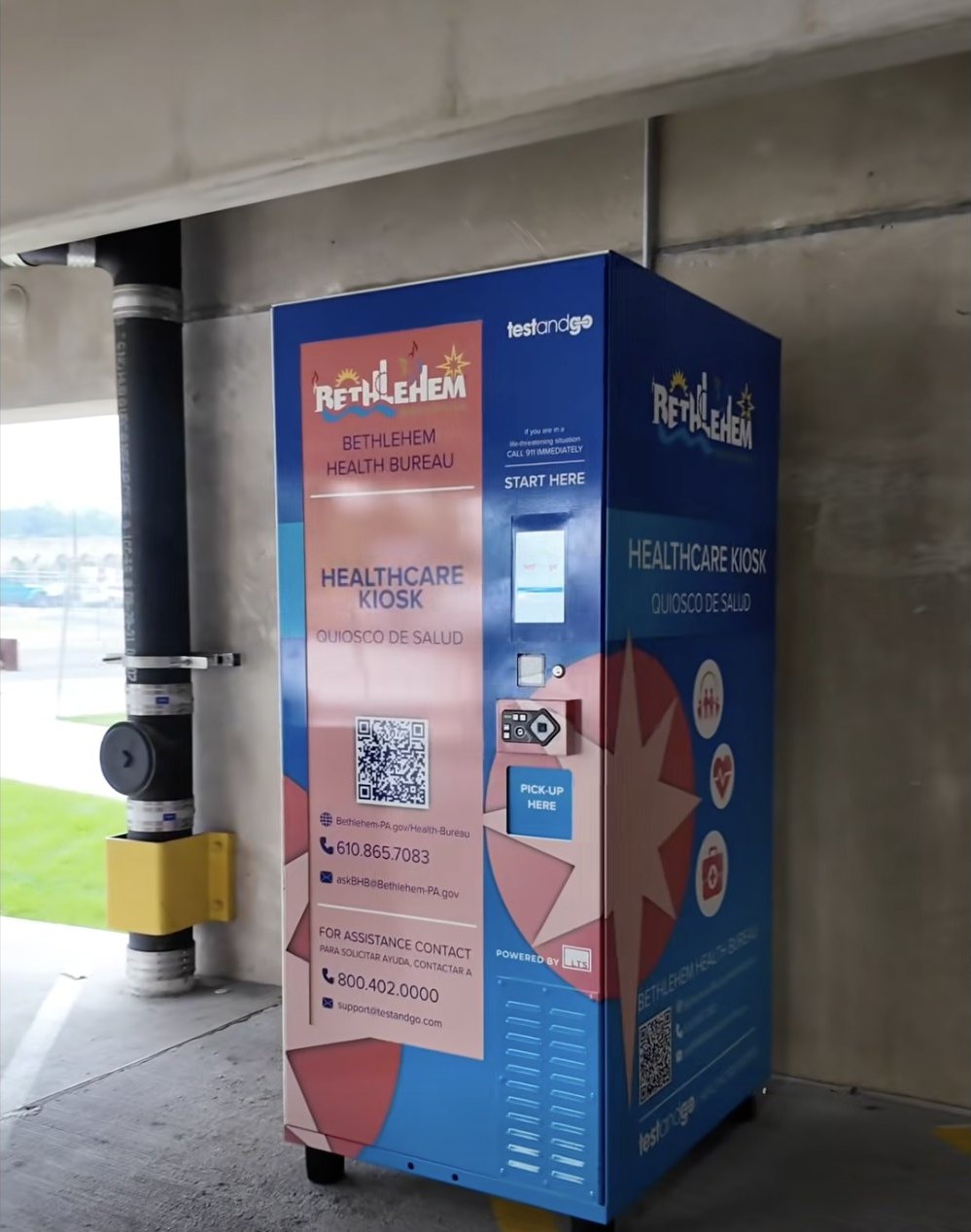 Bethlehem Health Bureau healthcare kiosk inside a city parking garage