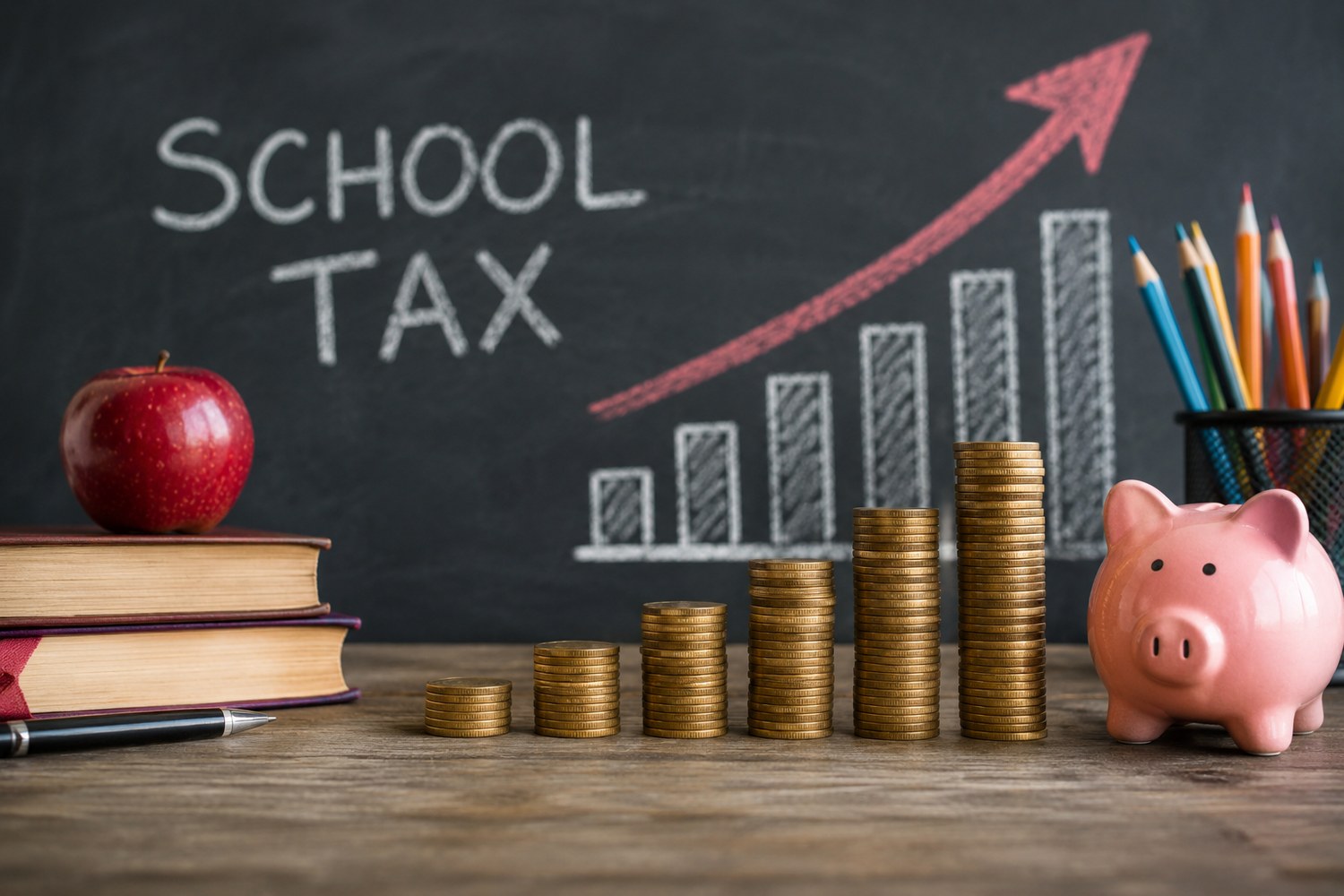 A chalkboard reading SCHOOL TAX with a rising red arrow above stacks of coins, a piggy bank, books and an apple