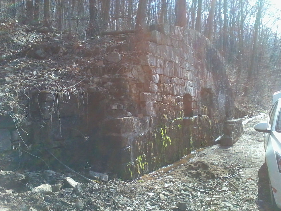 A large arched stone structure built into a wooded hillside beside an unpaved road