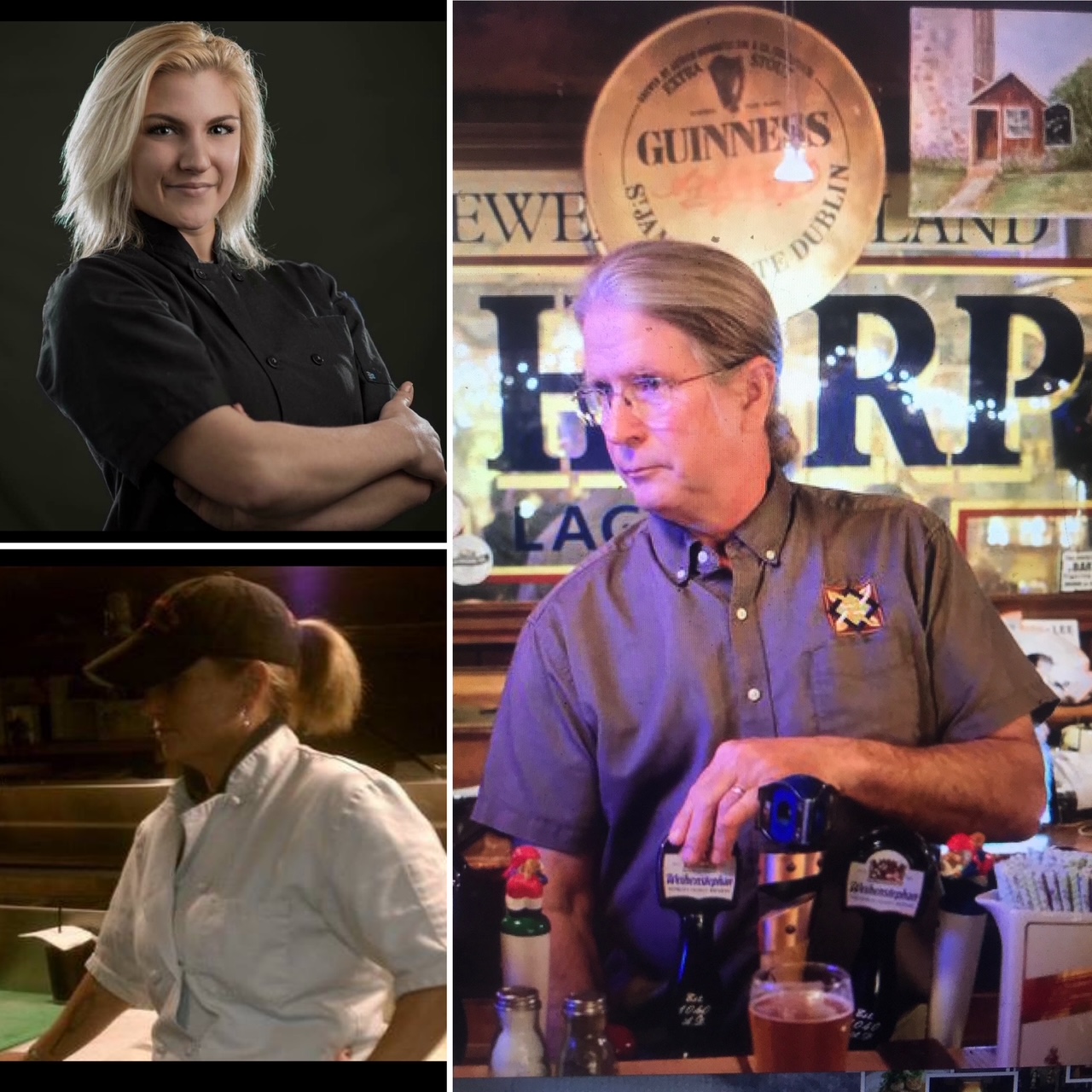 A three-part collage: Emily Fischer in a black chef coat, Angel Jamison in a white chef coat in the kitchen, and Mark Jamison pouring a beer behind the bar.