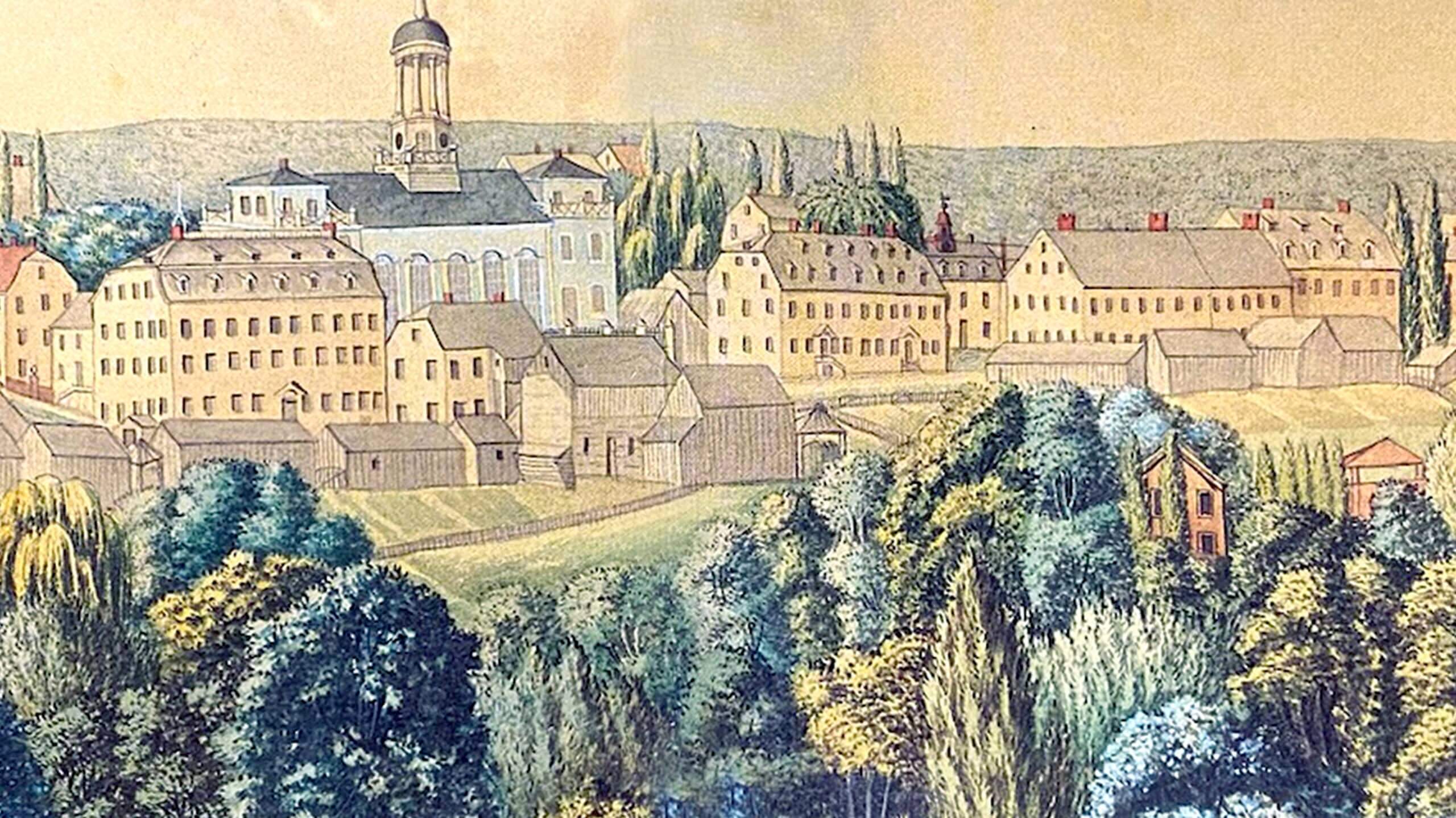 A historical rendering of the early Moravian settlement at Bethlehem, Pennsylvania