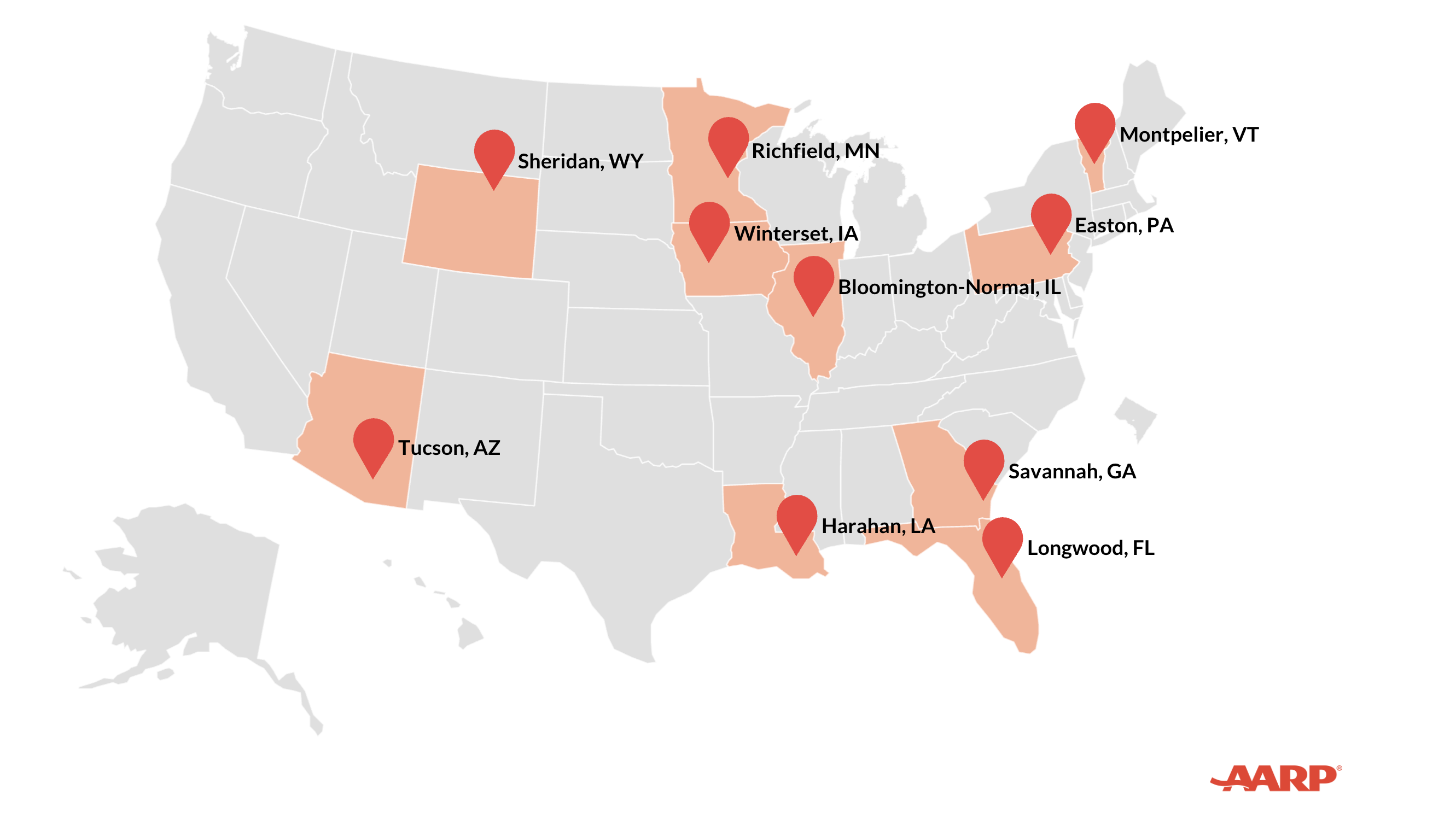 AARP 2026 map of 10 great, affordable places to live, including Easton, Pennsylvania