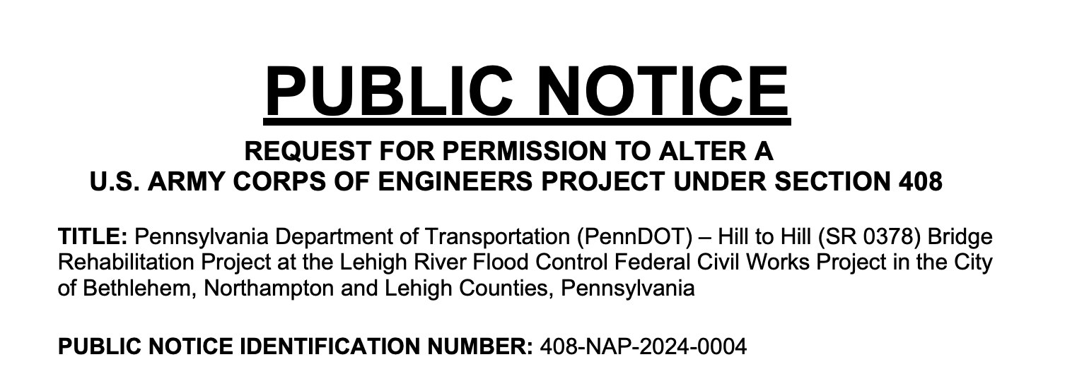 U.S. Army Corps of Engineers Section 408 public notice for the Hill to Hill Bridge rehabilitation