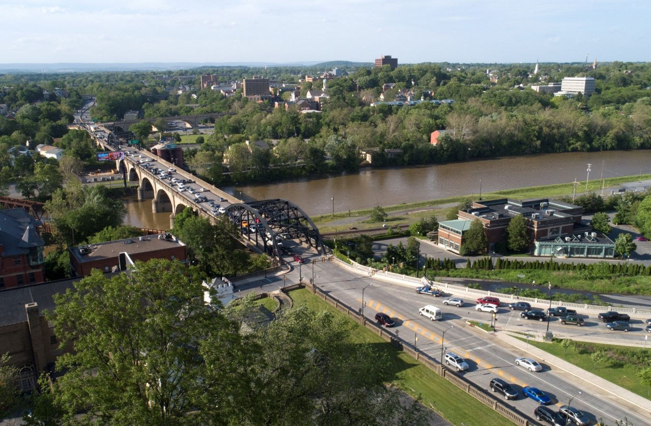 Aerial view of the Hill to Hill Bridge carrying Route 378 traffic over the Lehigh River