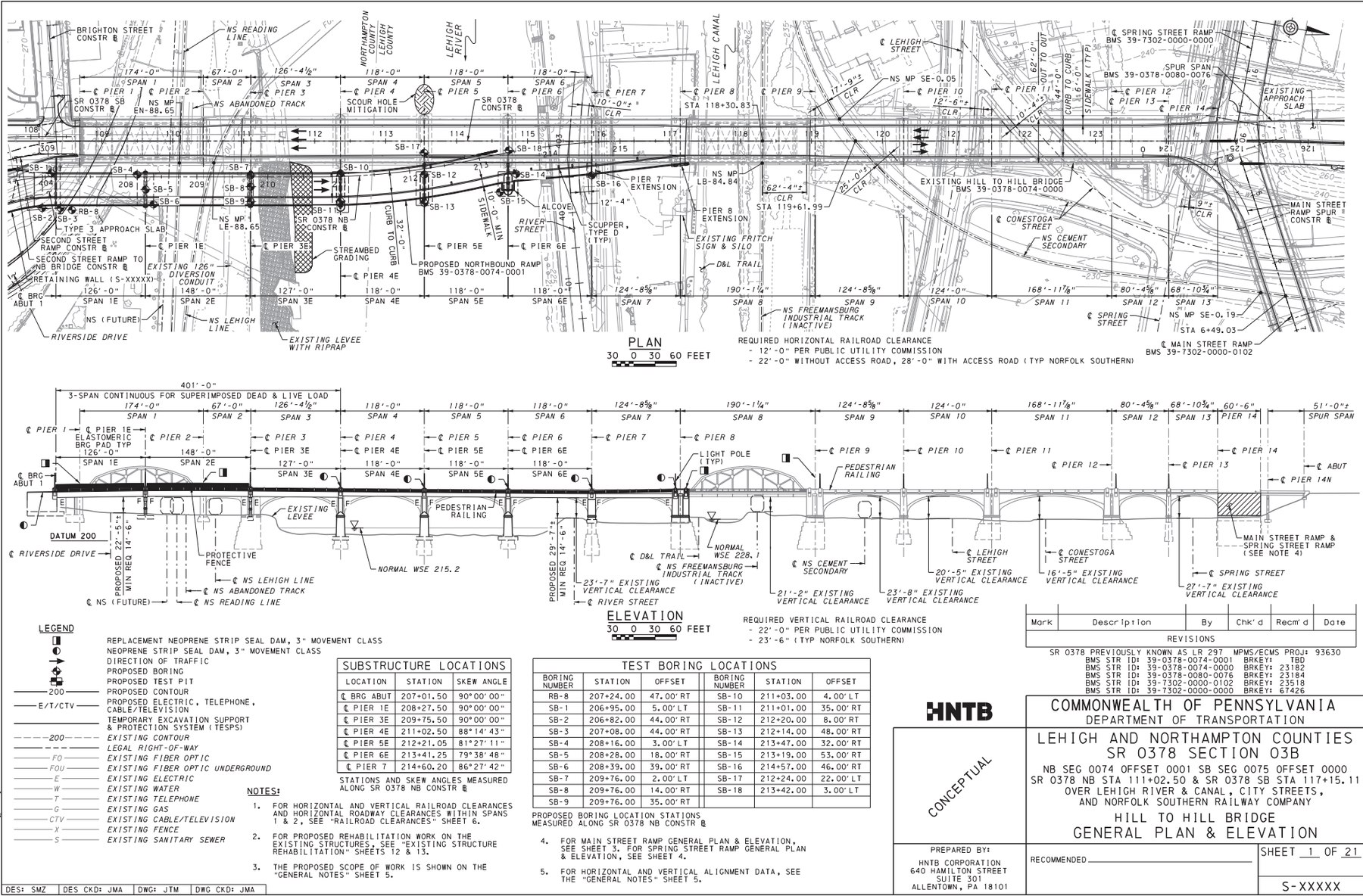 HNTB general plan and elevation sheet for the Hill to Hill Bridge rehabilitation
