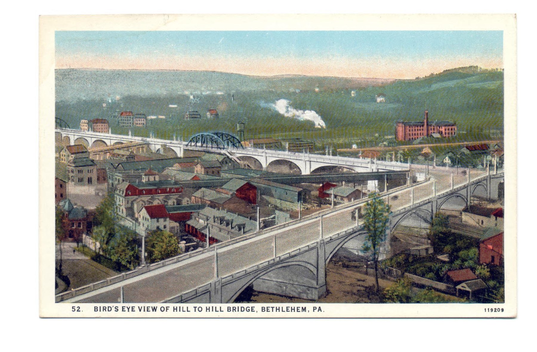 Vintage postcard showing a bird's eye view of the Hill to Hill Bridge in Bethlehem