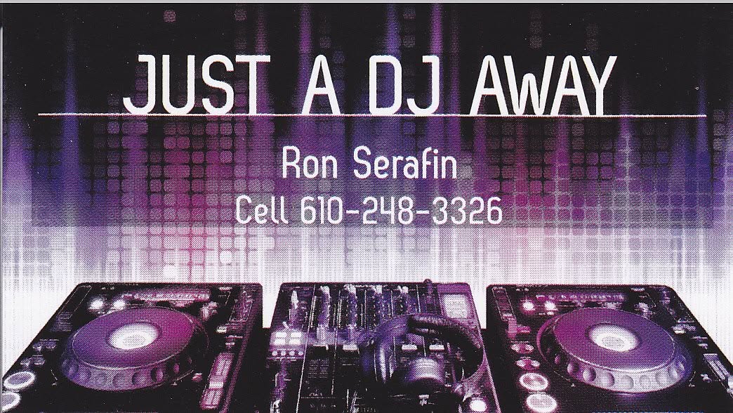 Business card for Just A DJ Away featuring turntables and the name Ron Serafin
