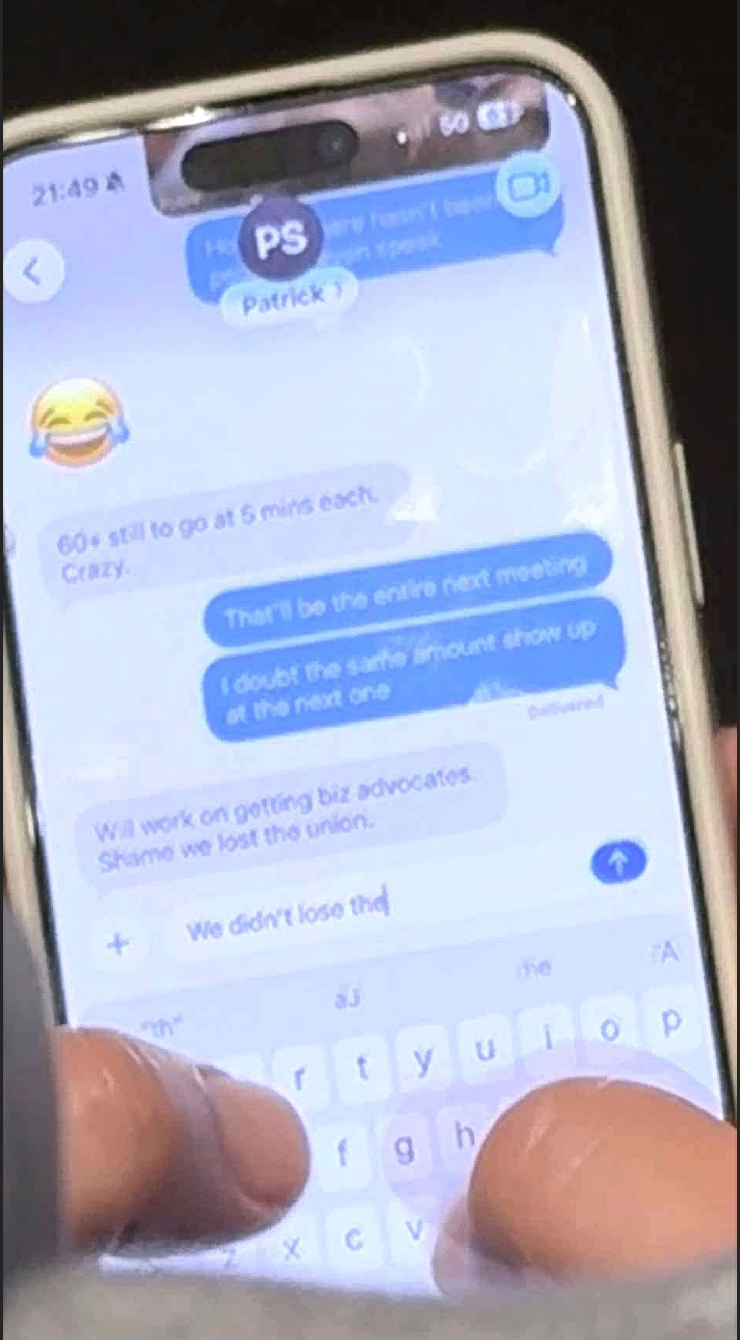 Screenshot of text messages photographed at the July 9 South Whitehall meeting