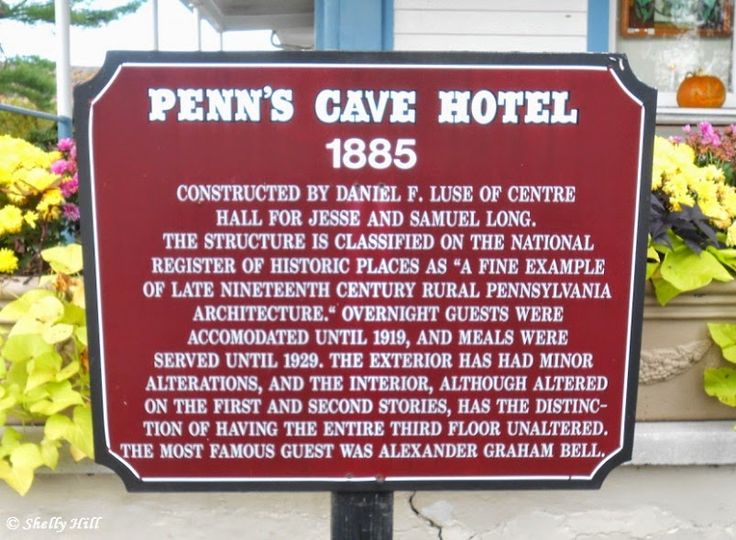 Maroon historical marker for the Penn’s Cave Hotel, 1885, outside the building