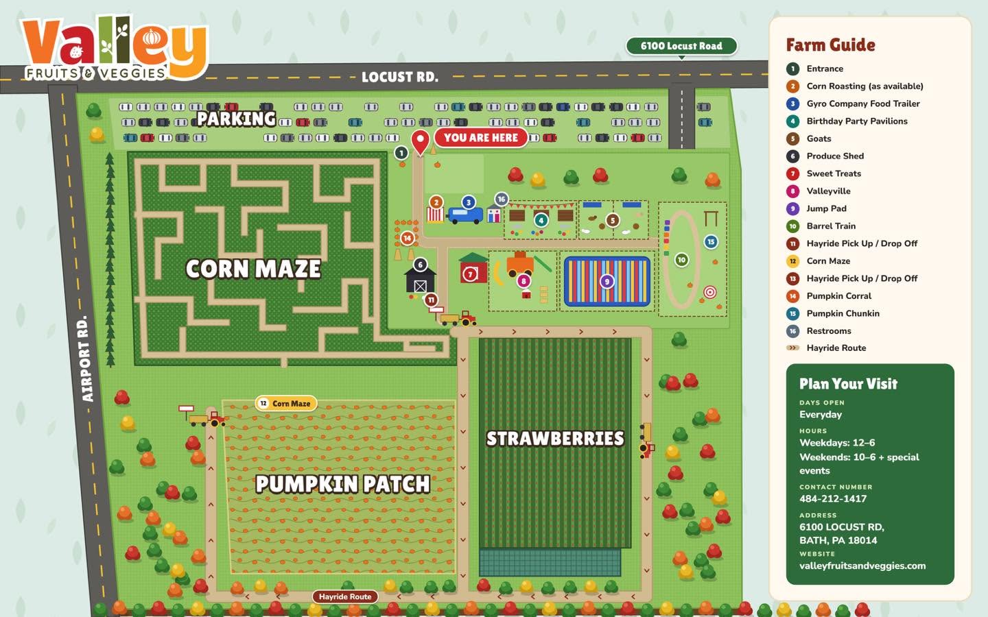 Illustrated map of Valley Fruits and Veggies showing parking off Locust Road, the corn maze, pumpkin patch, strawberry field, Valleyville, the Jump Pad, the Barrel Train and the hayride route