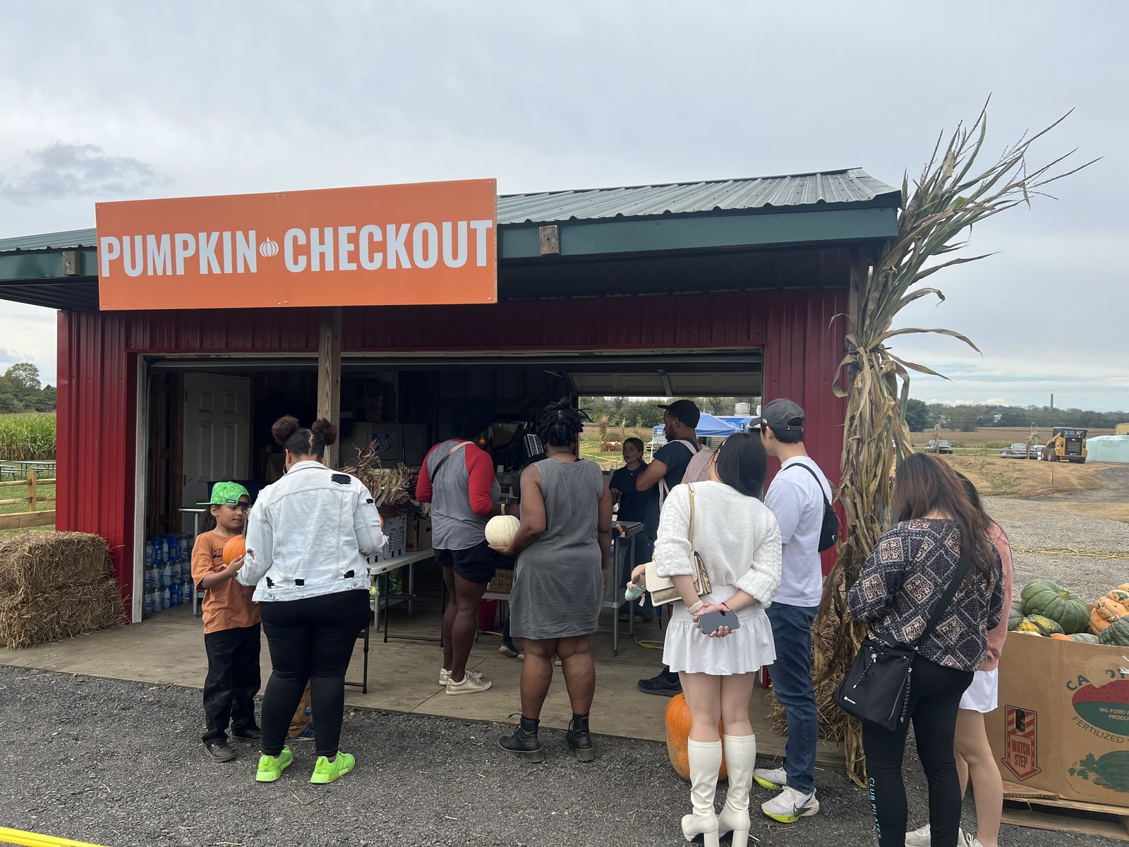 Visitors line up at the Pumpkin Checkout barn holding pumpkins