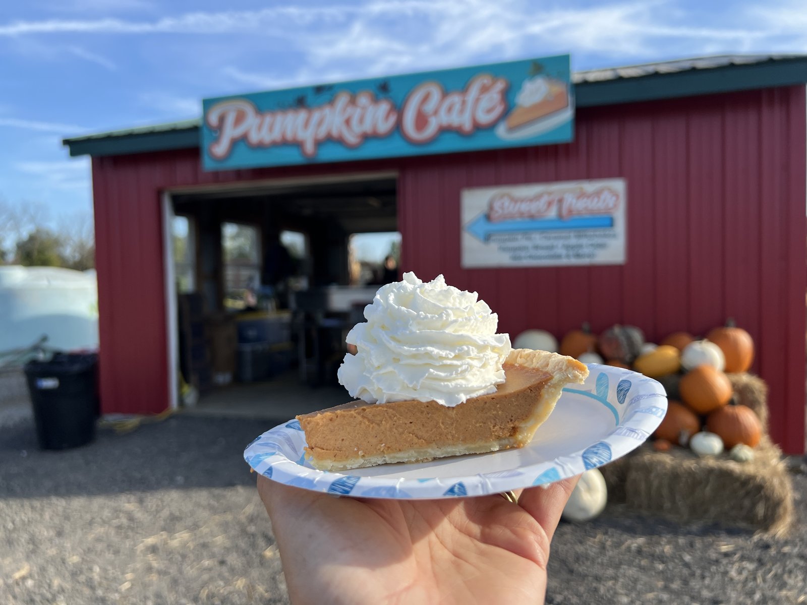 A slice of pumpkin pie under a tall swirl of whipped cream held up outside the Pumpkin Cafe